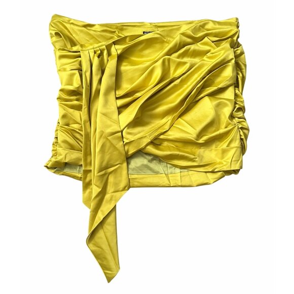 PrettyLittleThing Chartreuse Contrsucted Satin Ruched Drape Bodycon Skirt US 22 - Picture 4 of 12